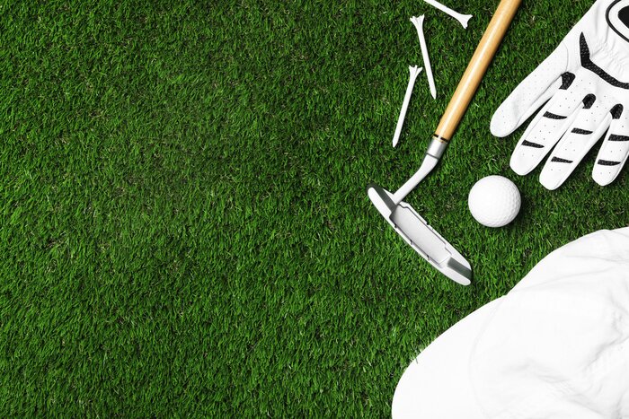 Poster Flat lay composition with golf equipment on artificial grass, space for text