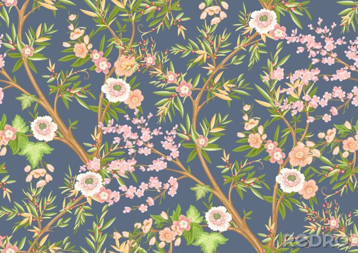 Poster Floral seamless pattern in chinoiserie style. Vector illustration.