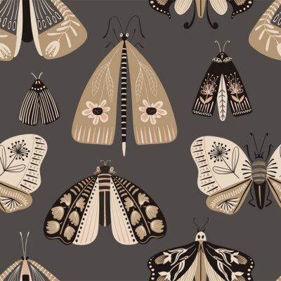 Poster Folk Art Seamless Pattern With Moths.