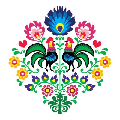 Poster Folkloristische afbeeldingen met hanen en bloemen.