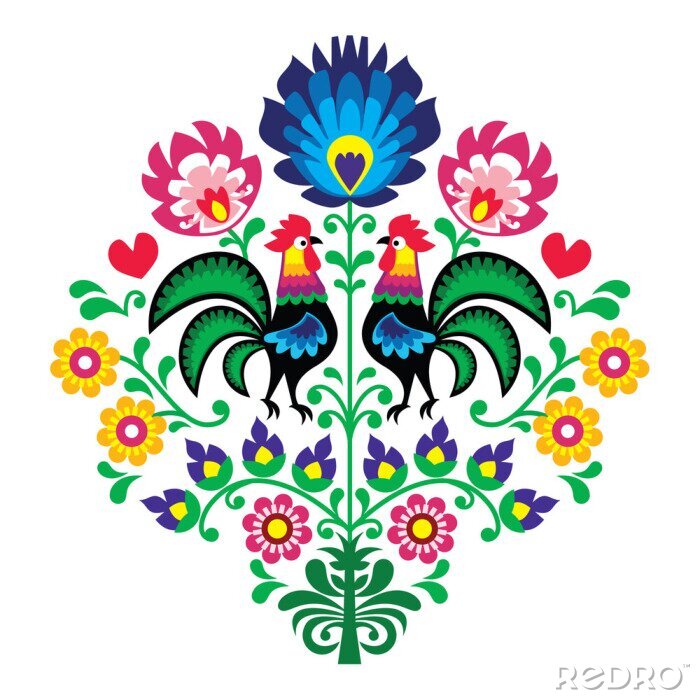 Poster Folkloristische afbeeldingen met hanen en bloemen.