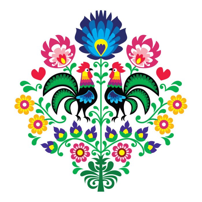 Poster Folkloristische afbeeldingen met hanen en bloemen.