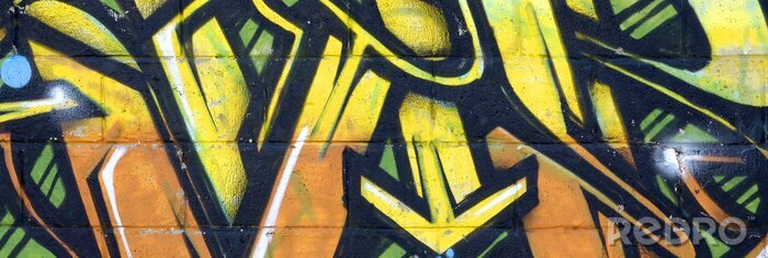 Poster Fragment of colored street art graffiti paintings with contours and shading close up