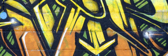 Poster Fragment of colored street art graffiti paintings with contours and shading close up