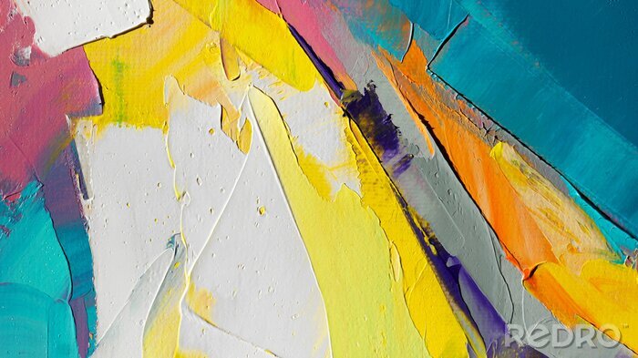 Poster Fragment. Veelkleurige textuur schilderij. Abstracte kunstachtergrond. olieverf op canvas. Ruwe verfstreken. Close-up van een schilderij van olie en paletmes. Bijzonder gestructureerde details van hog