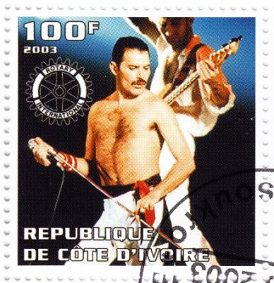 Poster Freddie Mercury op een verzamelaarszegel