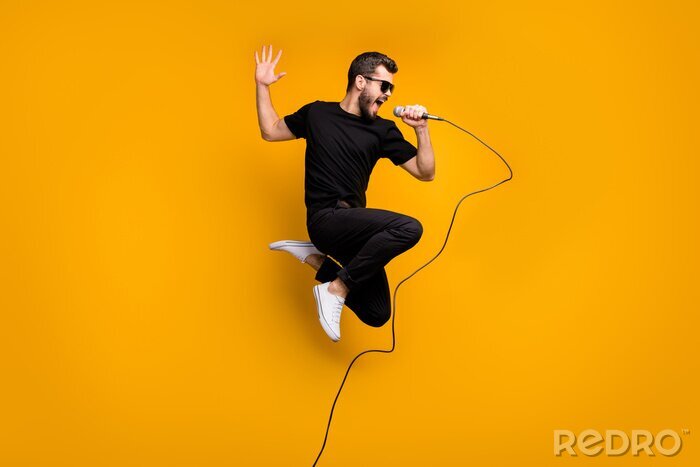 Poster Full body profile photo of crazy hipster guy jumping high holding microphone music lover singing favorite song wear sun specs black t-shirt pants isolated yellow color background