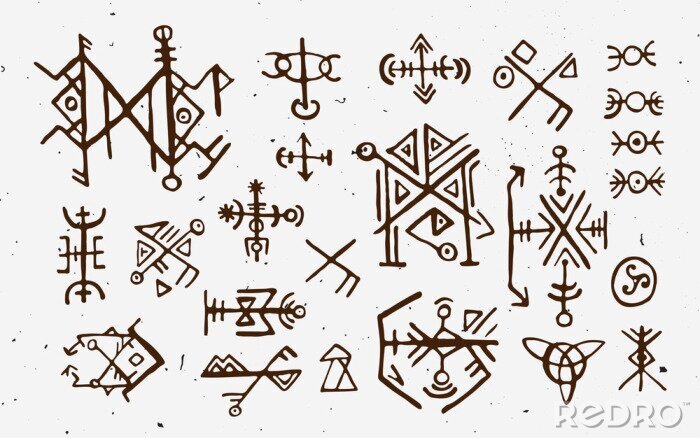 Poster Futhark norse eiland- en vikingrunes geplaatst. Magische hand trekt symbolen als gescripteerde talismannen. Vectorreeks oude runen van IJsland. Galdrastafir, mystieke tekenen van vroege Noord-magie. E