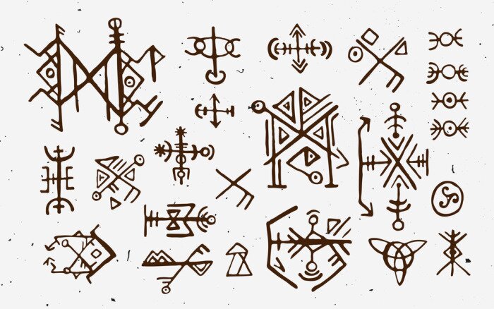 Poster Futhark norse eiland- en vikingrunes geplaatst. Magische hand trekt symbolen als gescripteerde talismannen. Vectorreeks oude runen van IJsland. Galdrastafir, mystieke tekenen van vroege Noord-magie. E