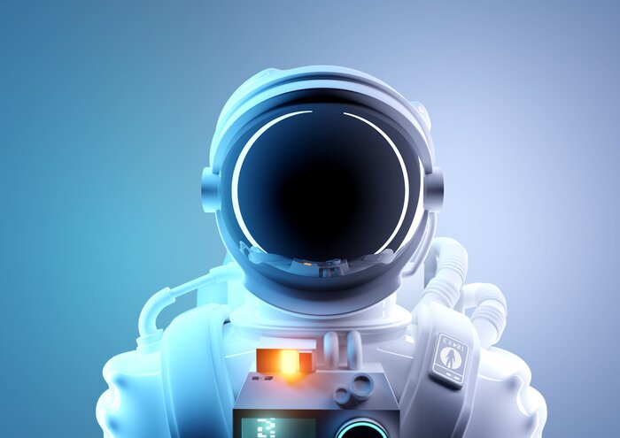 Poster Future space exploration. A portrait of a adult astronaut in a futuristic and protective space suit. 3D illustration.