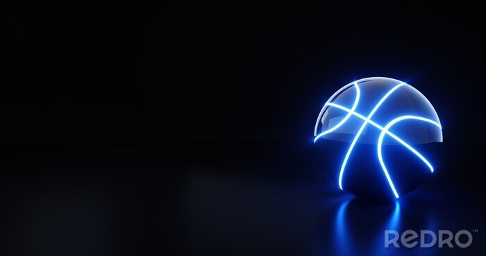 Poster Futuristic Basketball Ball With Blue Neon Light - 3D Illustration