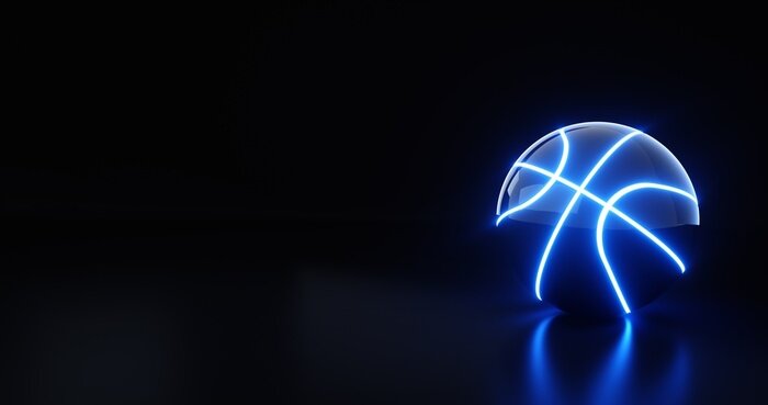 Poster Futuristic Basketball Ball With Blue Neon Light - 3D Illustration