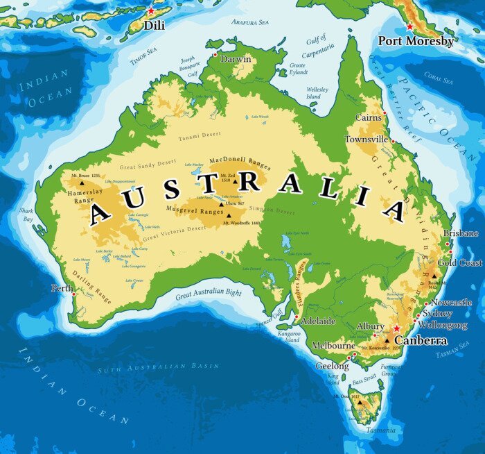 Poster Fysieke kaart van Australië