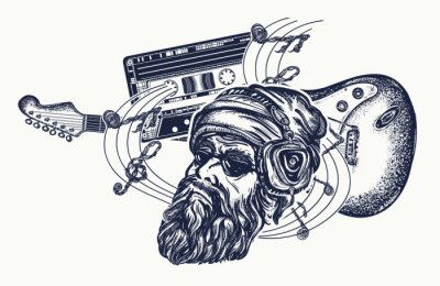 Poster Gebaard man, gitaar en audiocassette tattoo en t-shirt design. Electro gitaar en muziek notities rock, symbool van hard rock, punk muziek, rock and roll-kunst