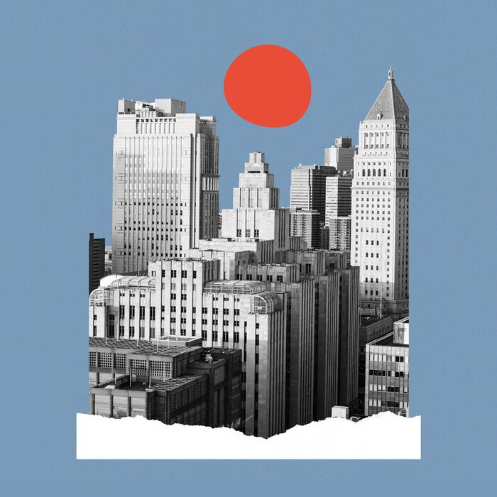 Poster Gebouwen en collage van de maanpop-art