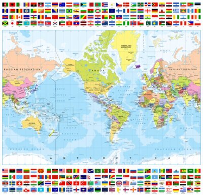 Poster Gecentreerd America Political Map World en All World Country Flags-Bathymetry