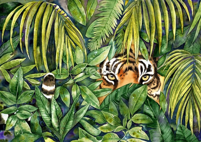 Poster Gehurkte tijger in groen struikgewas