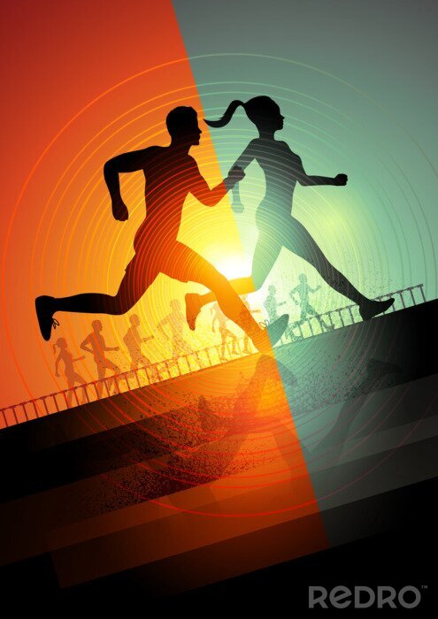 Poster Geïllustreerd paar hardlopers op een kleurrijke achtergrond.