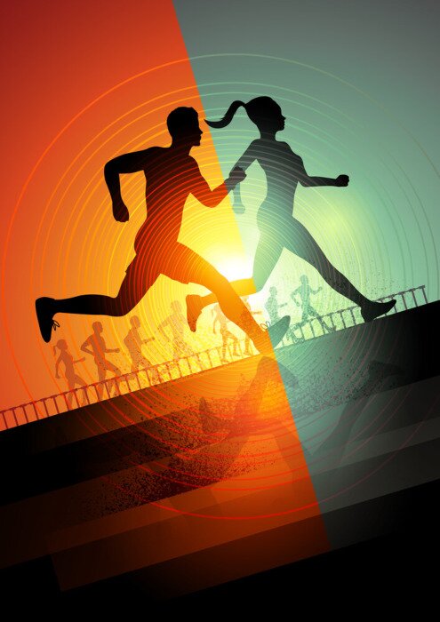 Poster Geïllustreerd paar hardlopers op een kleurrijke achtergrond.