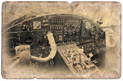 Geïsoleerde vintage militaire postkaart, cockpit