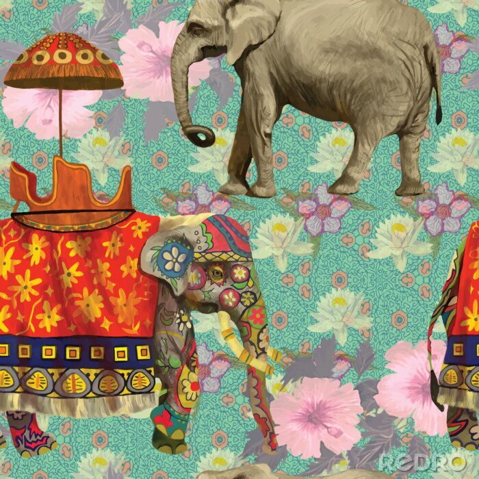 Poster Geklede olifanten uit India op een florale achtergrond