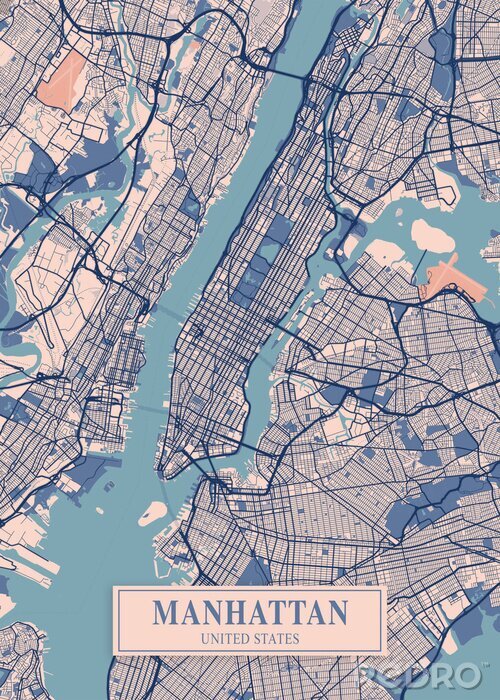 Poster Gekleurde kaart van Manhattan