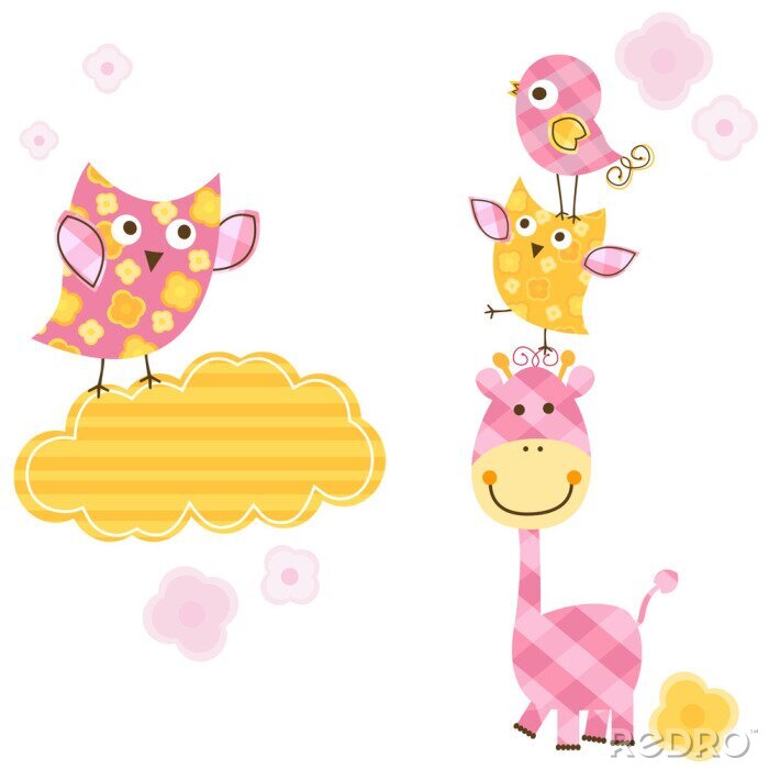 Poster Gele en roze giraffen en vogels