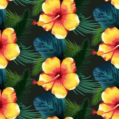 Gele exotische bloemen en bladeren