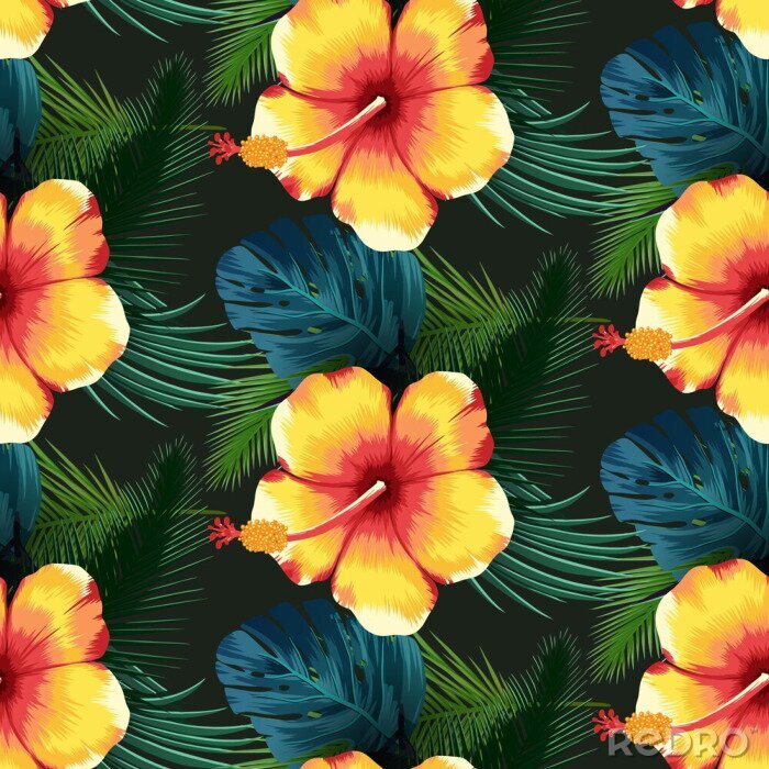 Poster Gele exotische bloemen en bladeren