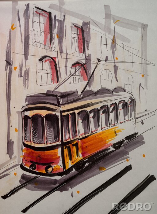 Poster Gele tram in aquarel