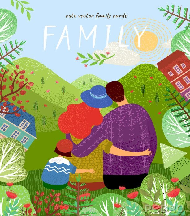 Poster gelukkig gezin. Leuke vector poster, kaart of dekking met een illustratie van een vader, moeder en pasgeboren baby op een achtergrond van groene natuur, bergen en boslandschap met bloemen