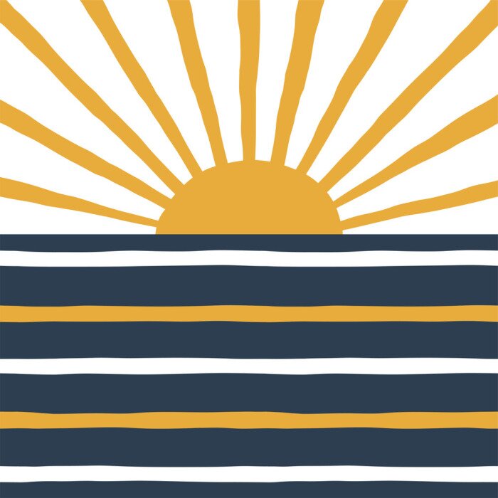 Poster Geometric sunrise and sea simple illustration. Stripy navy blue and yellow solar print in vector. Simple abstract landscape background.