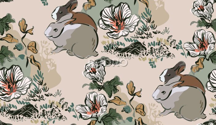 Poster Geschilderde konijnen tussen bloemen