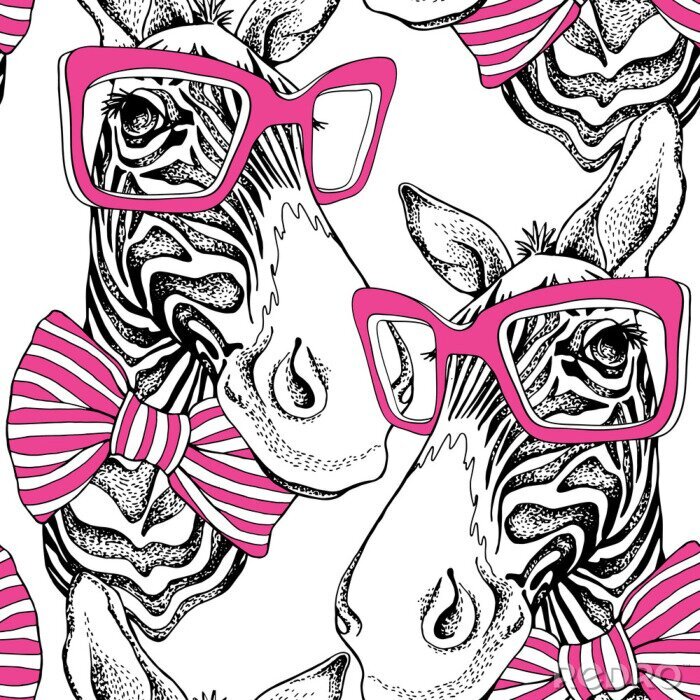 Poster Geschilderde zebra's met roze bril en strikjes