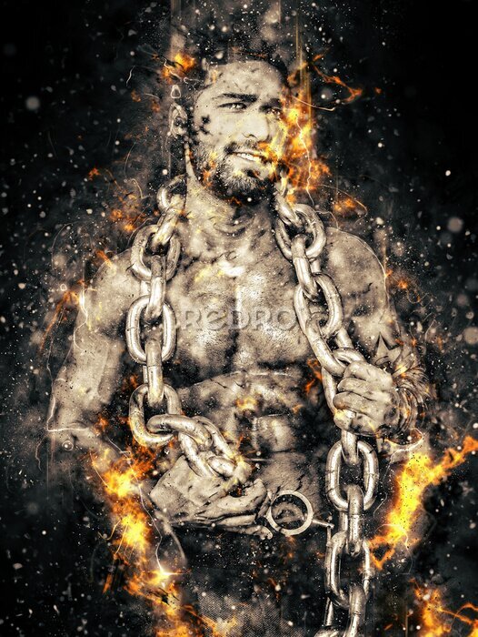 Poster Gespierde atleet met ketting en vlammen