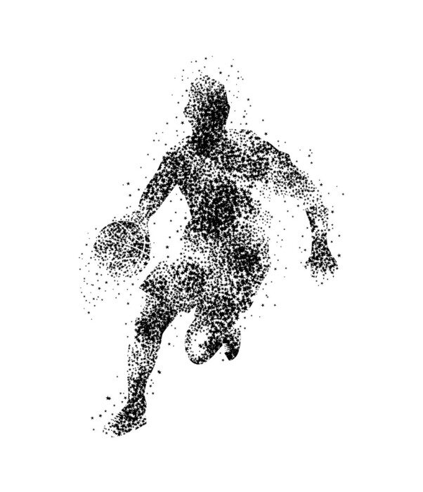 Poster Gestippeld silhouet van een basketballer met een bal