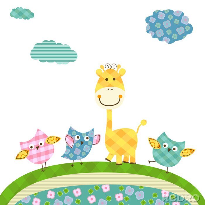 Poster Giraffe en drie vogels veelkleurige illustratie