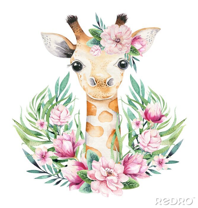 Poster Giraffe in een bloemstuk
