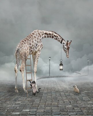 Poster Giraffe in een surrealistische compositie