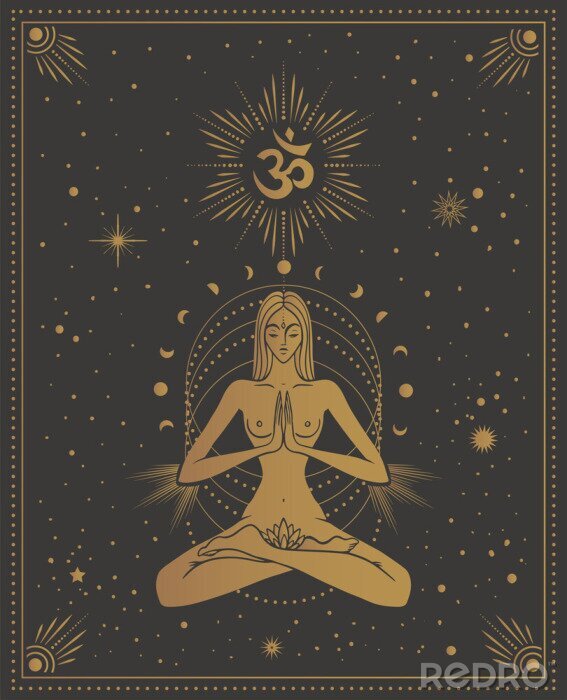 Poster girl in lotus pose with the omm sign, with chakras among the stars, tarot cards, sacred, calm