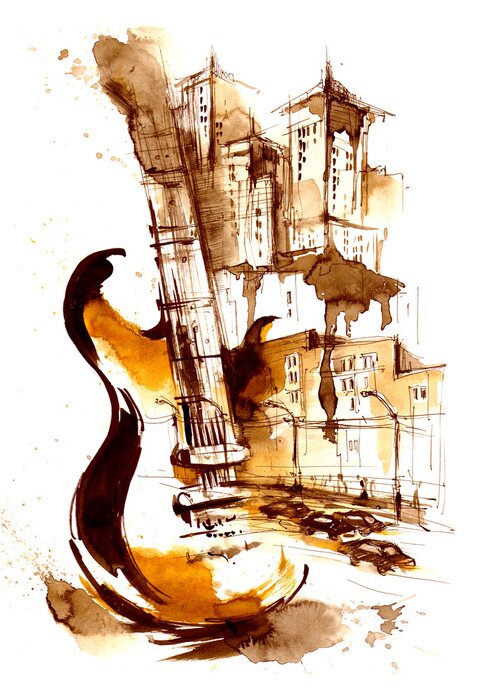 Poster Gitaar en architectuur in een artistieke uitvoering