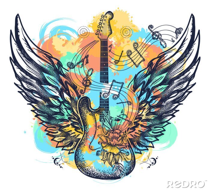 Poster Gitaar en vleugels tatoeage aquarel spatten stijl. Rock-'n-roll t-shirtontwerp. Symbool van muziek, muziekfestivals. Elektrische gitaarkunst