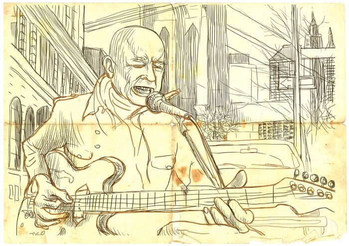 Poster Gitarist op de achtergrond van de Brooklyn Bridge