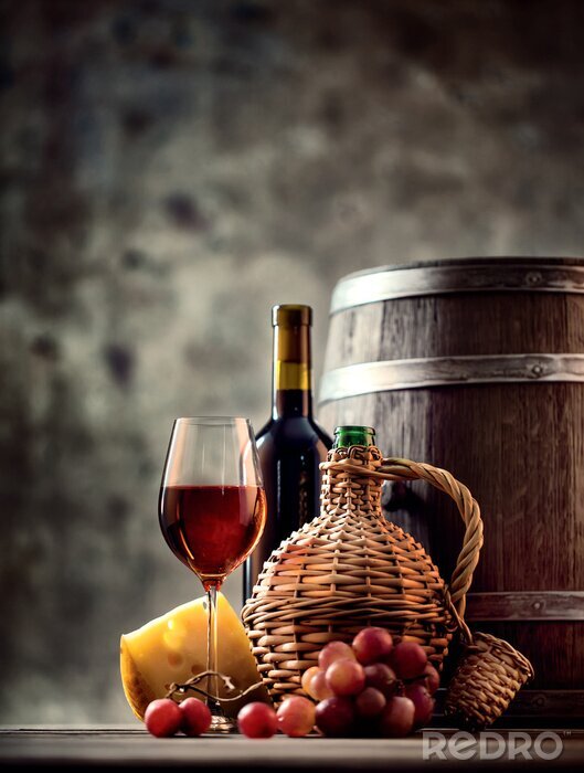 Poster Glas, fles, karaf wijn en vat