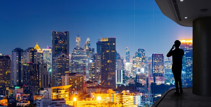 Poster Glazen wolkenkrabbers in een moderne stad