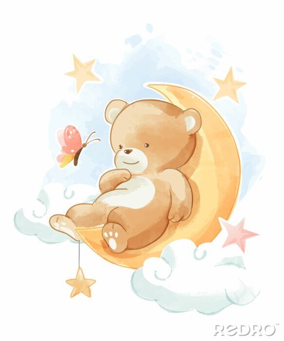 Poster Glimlachende beer die op de maan ligt
