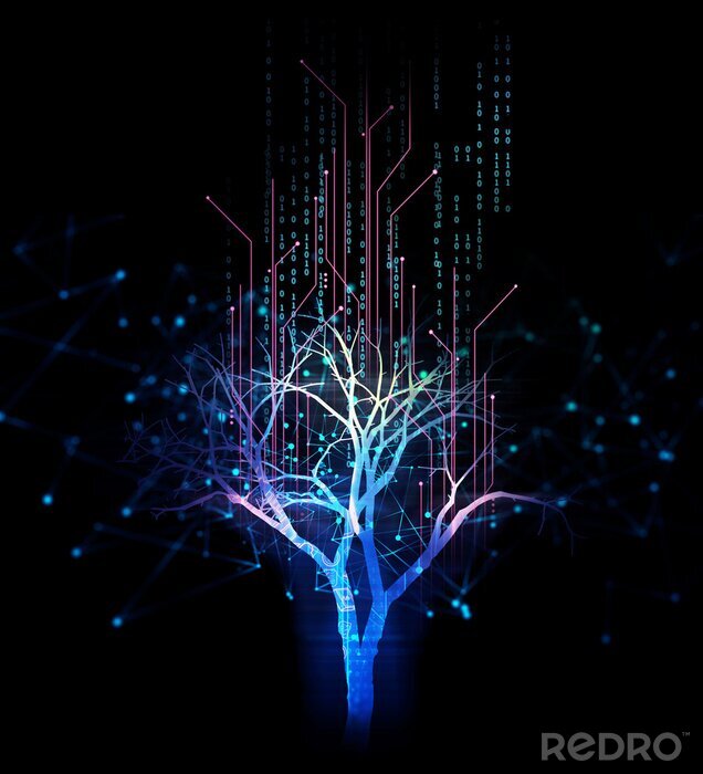 Poster Gloeiende digitale boom op een zwarte achtergrond