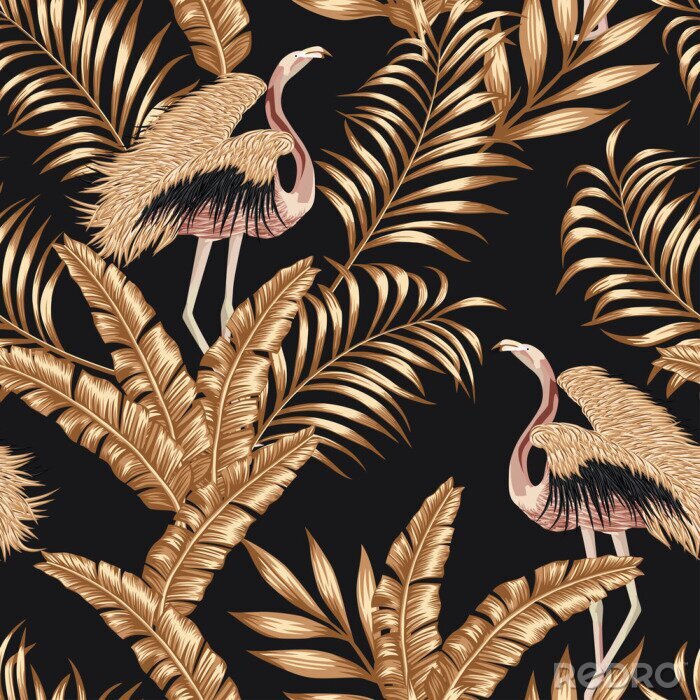 Poster Golden bird flamingo gpld leaves seamless black background