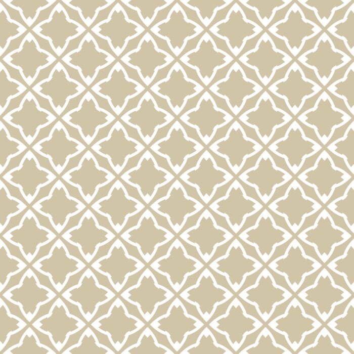 Poster Golden vector geometric seamless pattern in oriental style. White and gold ornamental texture. Abstract background with diamond shapes, stars, flower silhouettes, grid, repeat tiles. Luxury design
