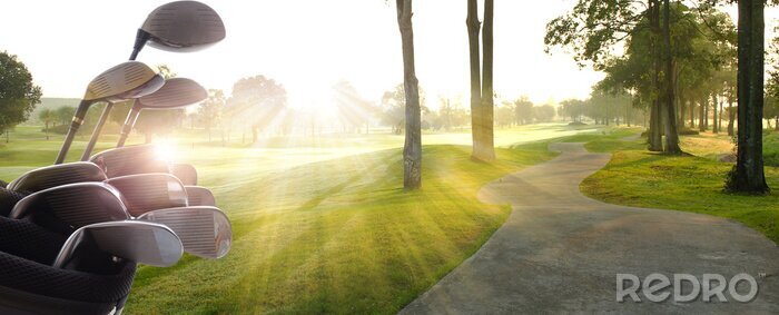 Poster Golfclubs chauffeurs over de prachtige golfbaan in de zonsondergang, zonsopgang tijd.
